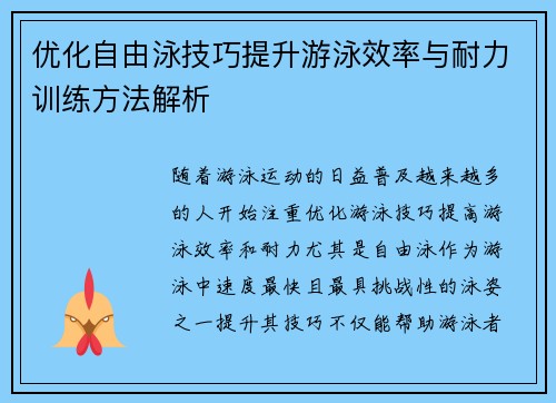优化自由泳技巧提升游泳效率与耐力训练方法解析