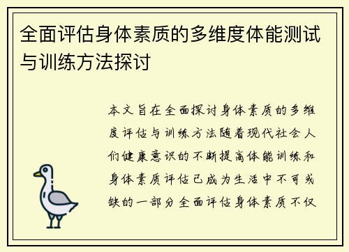 全面评估身体素质的多维度体能测试与训练方法探讨