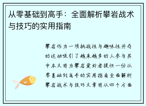 从零基础到高手：全面解析攀岩战术与技巧的实用指南