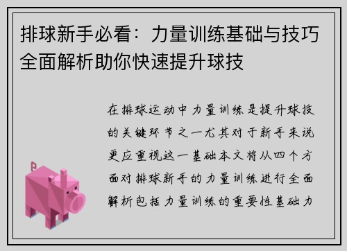 排球新手必看：力量训练基础与技巧全面解析助你快速提升球技